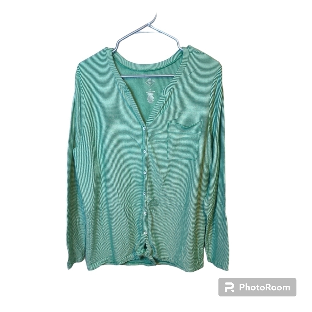 St.John's Bay Green Striped Button Down V-Neck‎ Tie Front Shirt Size XL